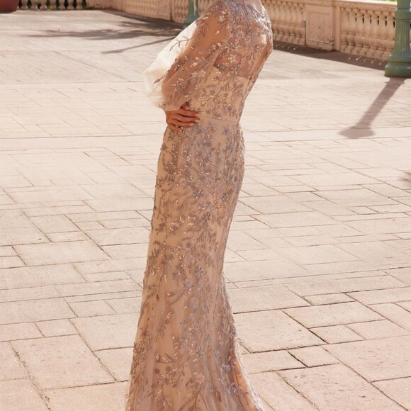 Long gold or gray fitted formal dress with sleeves.Mother of the bride party - Picture 2 of 5